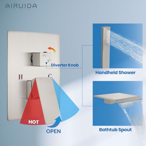 Airuida Wall Mount Tub Faucet with Waterfall Tub Spout Wall Mounted Bathtub Faucet with Handheld Shower Single Handle Tub Filler Shower Faucet Set with Rough-in valve Bevel Angle Spout Brushed Nickel - Image 4