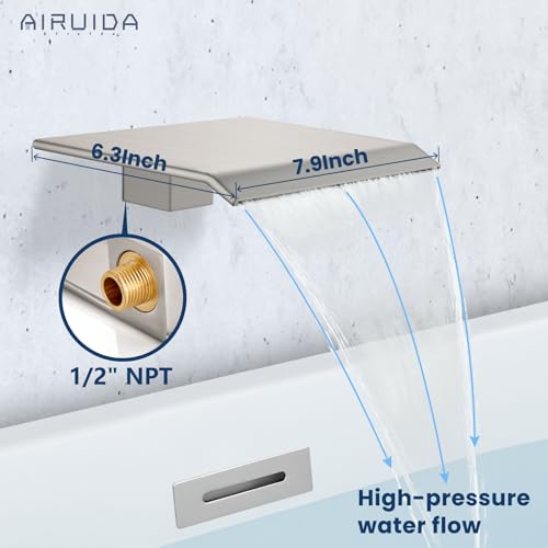 Airuida Wall Mount Tub Faucet with Waterfall Tub Spout Wall Mounted Bathtub Faucet with Handheld Shower Single Handle Tub Filler Shower Faucet Set with Rough-in valve Bevel Angle Spout Brushed Nickel - Image 3