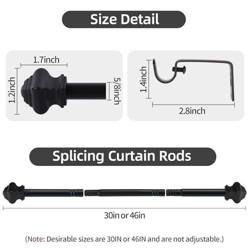 Thestoa Splicing Curtain Rods for Windows 30-46 Inch, 5/8" Diameter Black Curtain Rods 2 pack for Bedroom, Living Room, Outdoor - Image 3