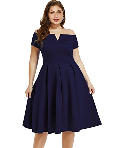 LALAGEN Women's Plus Size Vintage 1950s Party Cocktail Wedding Swing Midi Dress Navy XL - Image 1