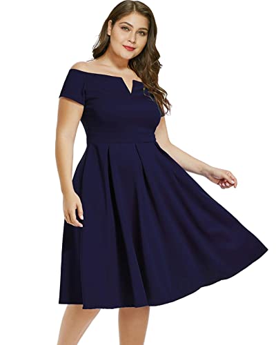 LALAGEN Women's Plus Size Vintage 1950s Party Cocktail Wedding Swing Midi Dress Navy XL - Image 2