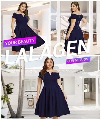 LALAGEN Women's Plus Size Vintage 1950s Party Cocktail Wedding Swing Midi Dress Navy XL - Image 3