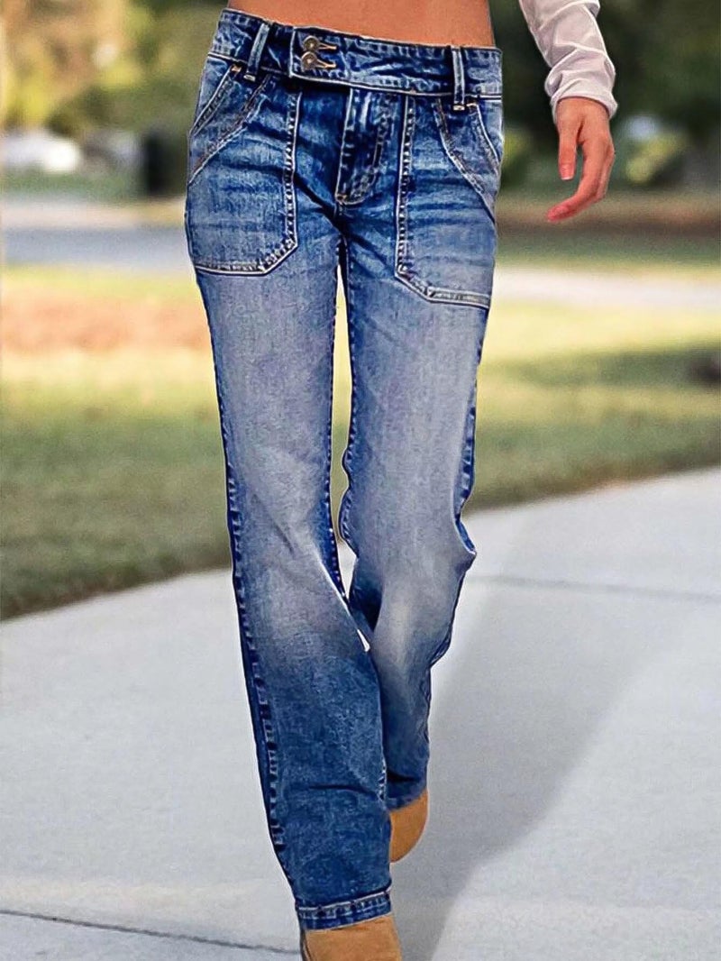 Flamingals Wide Leg Jeans for Women Low Rise Baggy Stretchy Straight Leg Bootcut Denim Pants Dark Blue L - Image 3