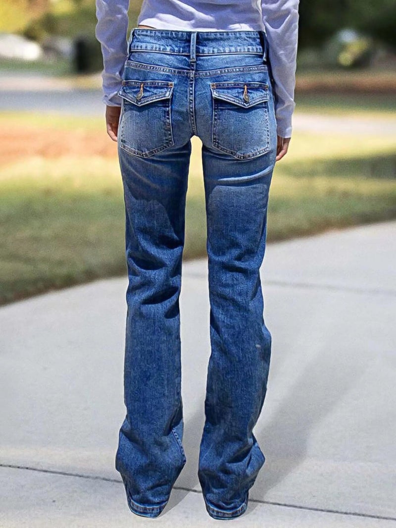 Flamingals Wide Leg Jeans for Women Low Rise Baggy Stretchy Straight Leg Bootcut Denim Pants Dark Blue L - Image 4
