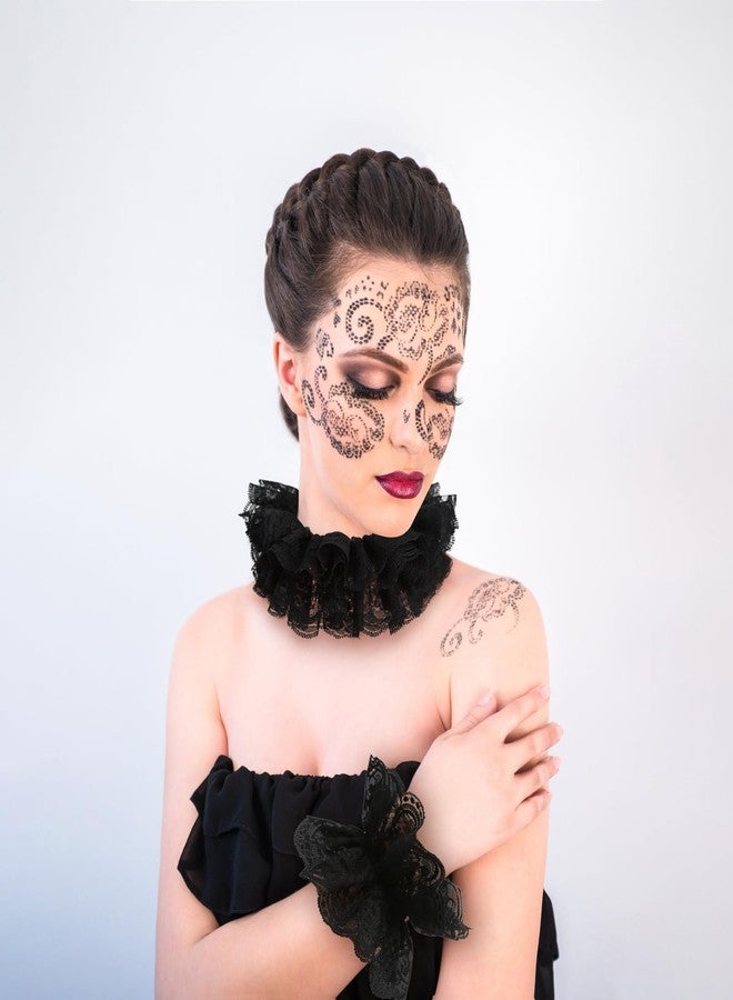 Furutonhe Lace Neck Ruffle Collar and Wrist Cuff Sleeves Detachable Clown Costume Accessories, Black, One size - Image 5