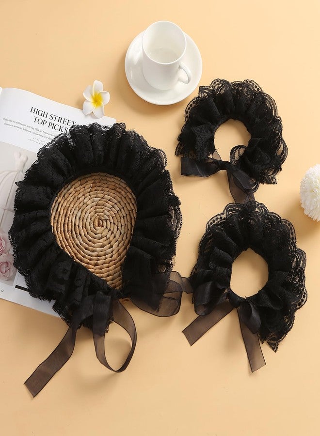 Furutonhe Lace Neck Ruffle Collar and Wrist Cuff Sleeves Detachable Clown Costume Accessories, Black, One size - Image 4