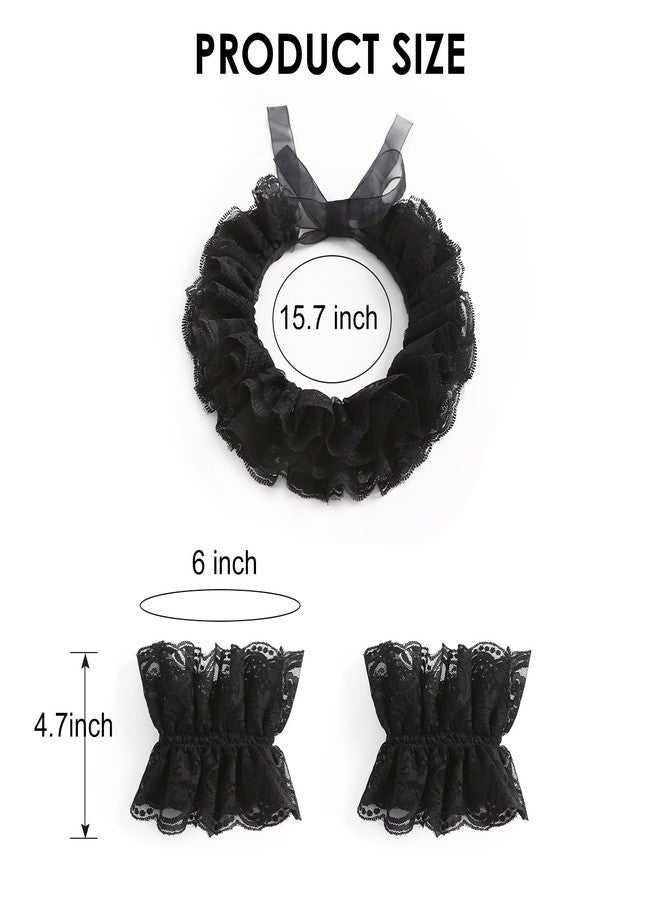 Furutonhe Lace Neck Ruffle Collar and Wrist Cuff Sleeves Detachable Clown Costume Accessories, Black, One size - Image 2