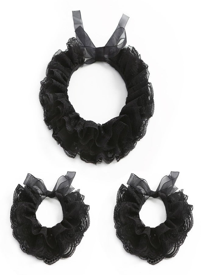 Furutonhe Lace Neck Ruffle Collar and Wrist Cuff Sleeves Detachable Clown Costume Accessories, Black, One size - Image 1
