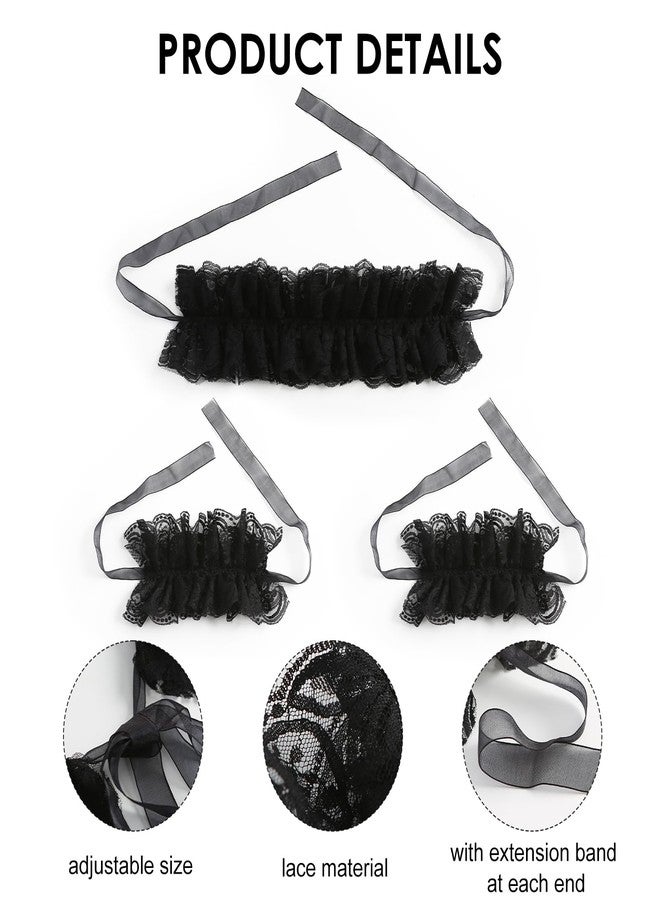 Furutonhe Lace Neck Ruffle Collar and Wrist Cuff Sleeves Detachable Clown Costume Accessories, Black, One size - Image 3