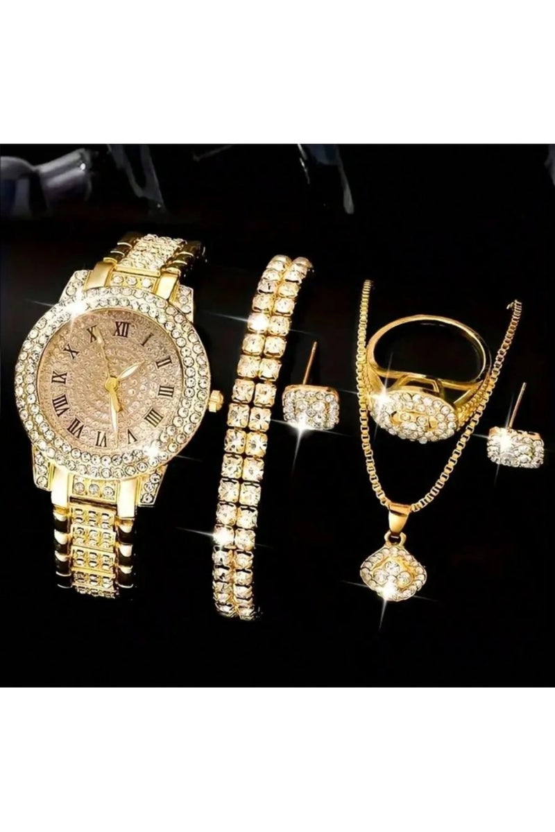 Luxury women's accessory set consisting of 5 pieces, including a women's watch, bracelet, necklace, earrings, and ring in gold color, adorned with sparkling rhinestones. The set is rust-resistant, making it ideal for gifting to a loved one, as a graduation gift, birthday gift, or for all special occasions. Box not included. - Image 1