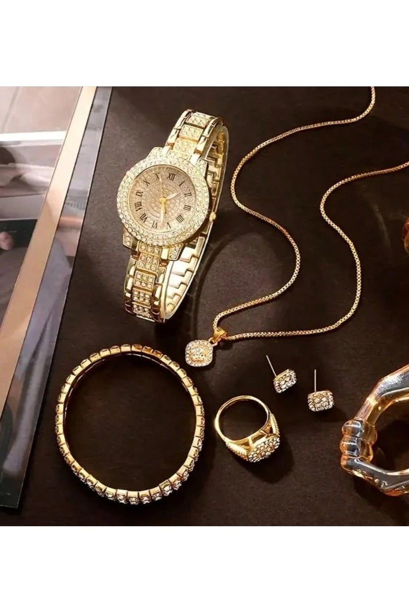 Luxury women's accessory set consisting of 5 pieces, including a women's watch, bracelet, necklace, earrings, and ring in gold color, adorned with sparkling rhinestones. The set is rust-resistant, making it ideal for gifting to a loved one, as a graduation gift, birthday gift, or for all special occasions. Box not included. - Image 2