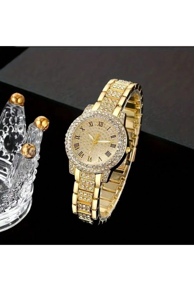 Luxury women's accessory set consisting of 5 pieces, including a women's watch, bracelet, necklace, earrings, and ring in gold color, adorned with sparkling rhinestones. The set is rust-resistant, making it ideal for gifting to a loved one, as a graduation gift, birthday gift, or for all special occasions. Box not included. - Image 4