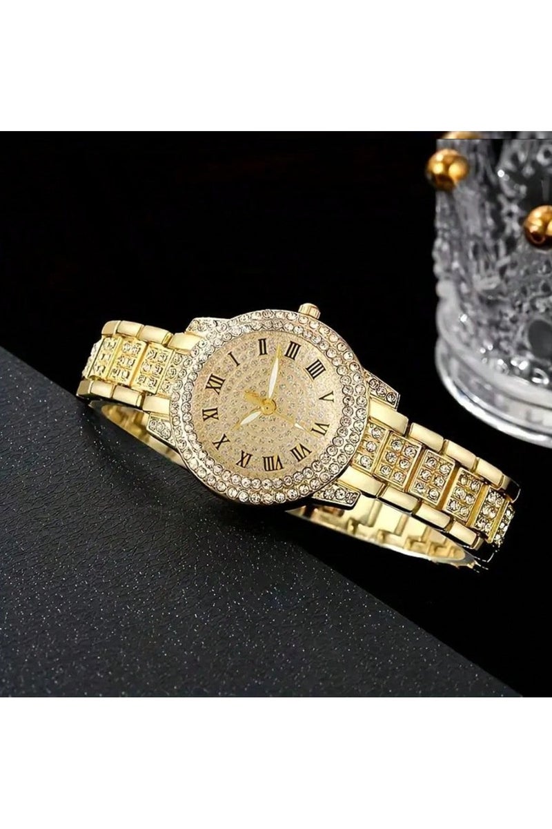Luxury women's accessory set consisting of 5 pieces, including a women's watch, bracelet, necklace, earrings, and ring in gold color, adorned with sparkling rhinestones. The set is rust-resistant, making it ideal for gifting to a loved one, as a graduation gift, birthday gift, or for all special occasions. Box not included. - Image 5