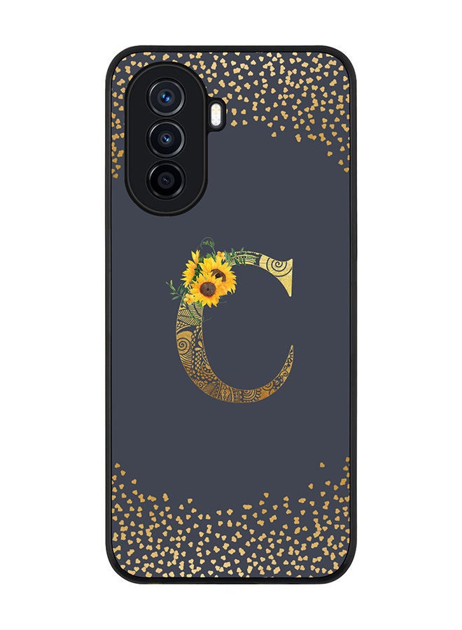 Stylizedd Rugged Black edge case for Huawei Nova Y70  Slim fit Soft Case Flexible Rubber Edges Anti Drop TPU Gel Thin Cover - Custom Monogram Initial Letter Floral Pattern Alphabet - C (Grey ) - Image 1