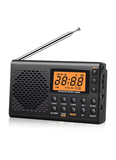 AM/FM/Shortwave Portable Radio, Battery Operated Pocket Radio, Large Digital Display, Clock Radio with Alarm and Sleep Function, Earphone Included