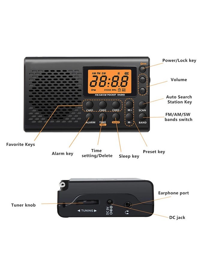 Generic - AM/FM/Shortwave Portable Radio, Battery Operated Pocket Radio, Large Digital Display, Clock Radio with Alarm and Sleep Function, Earphone Included - Image 1