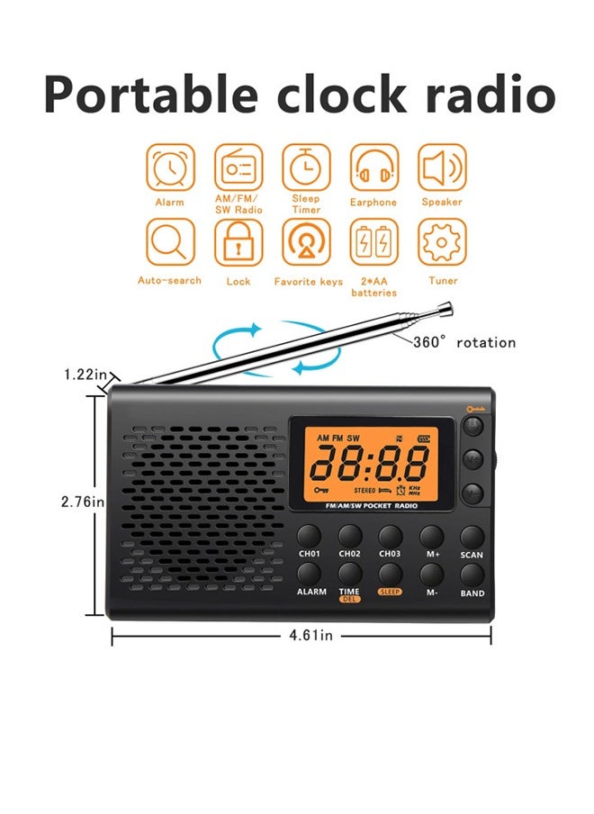 Generic - AM/FM/Shortwave Portable Radio, Battery Operated Pocket Radio, Large Digital Display, Clock Radio with Alarm and Sleep Function, Earphone Included - Image 1