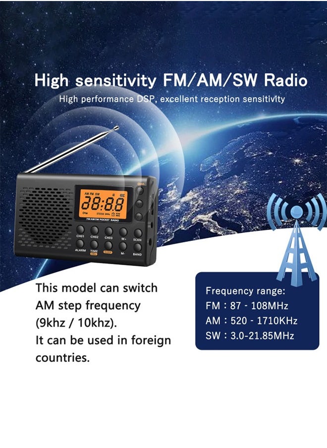 Generic - AM/FM/Shortwave Portable Radio, Battery Operated Pocket Radio, Large Digital Display, Clock Radio with Alarm and Sleep Function, Earphone Included - Image 1