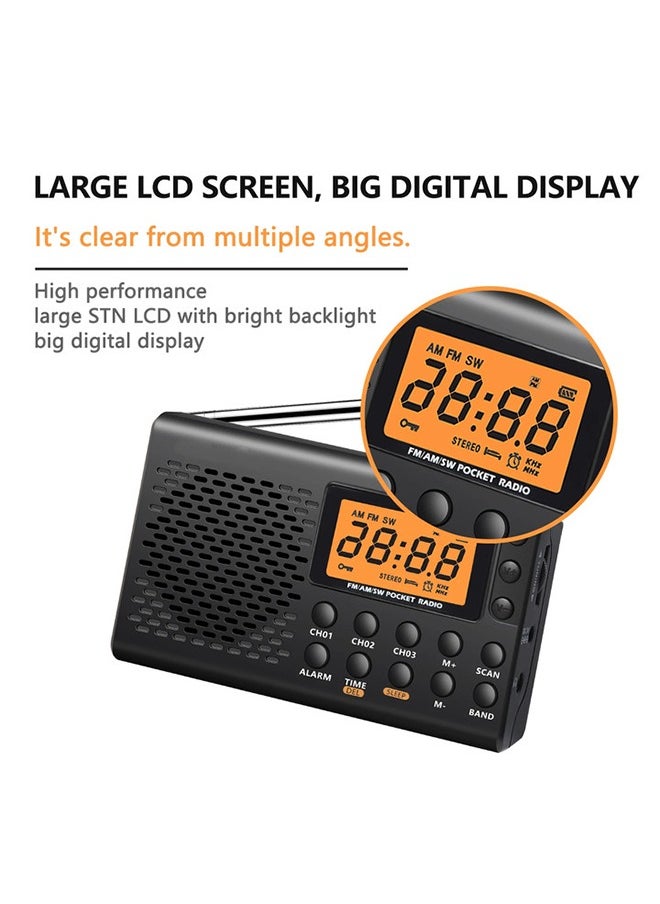 Generic - AM/FM/Shortwave Portable Radio, Battery Operated Pocket Radio, Large Digital Display, Clock Radio with Alarm and Sleep Function, Earphone Included - Image 1