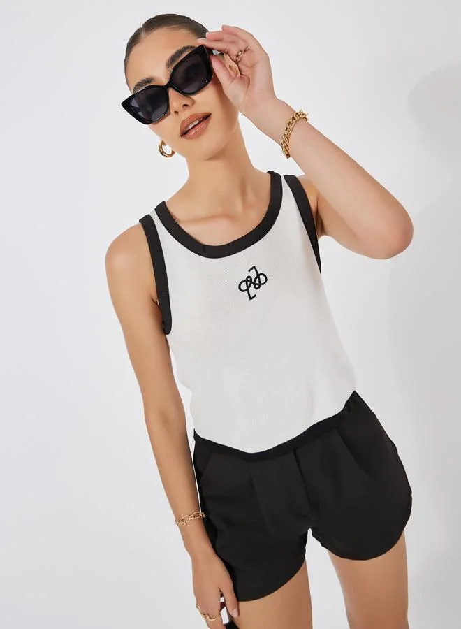 Styli Fitted Knit Embroidered Contrast Binding Tank