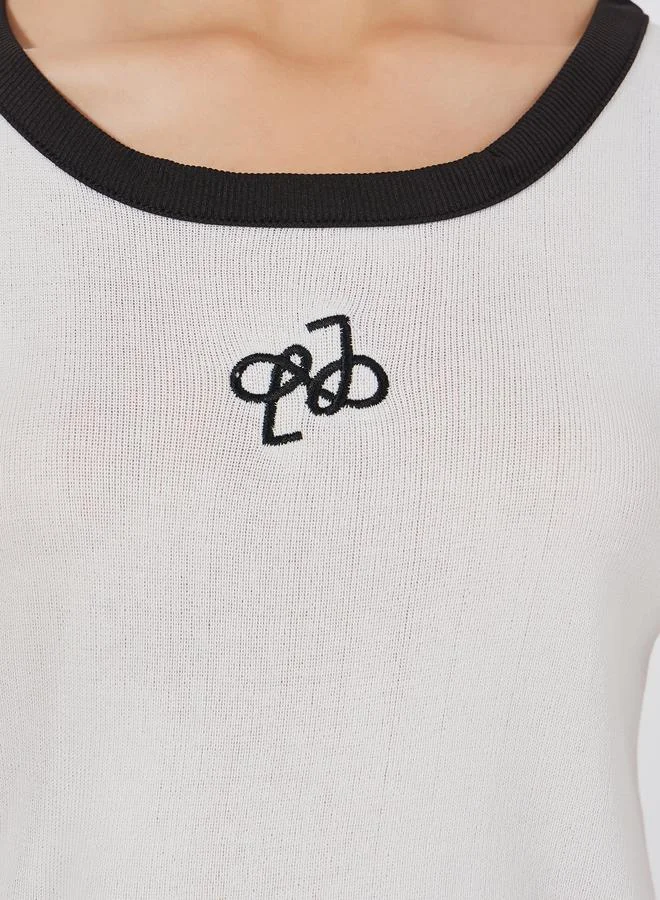 Styli Fitted Knit Embroidered Contrast Binding Tank