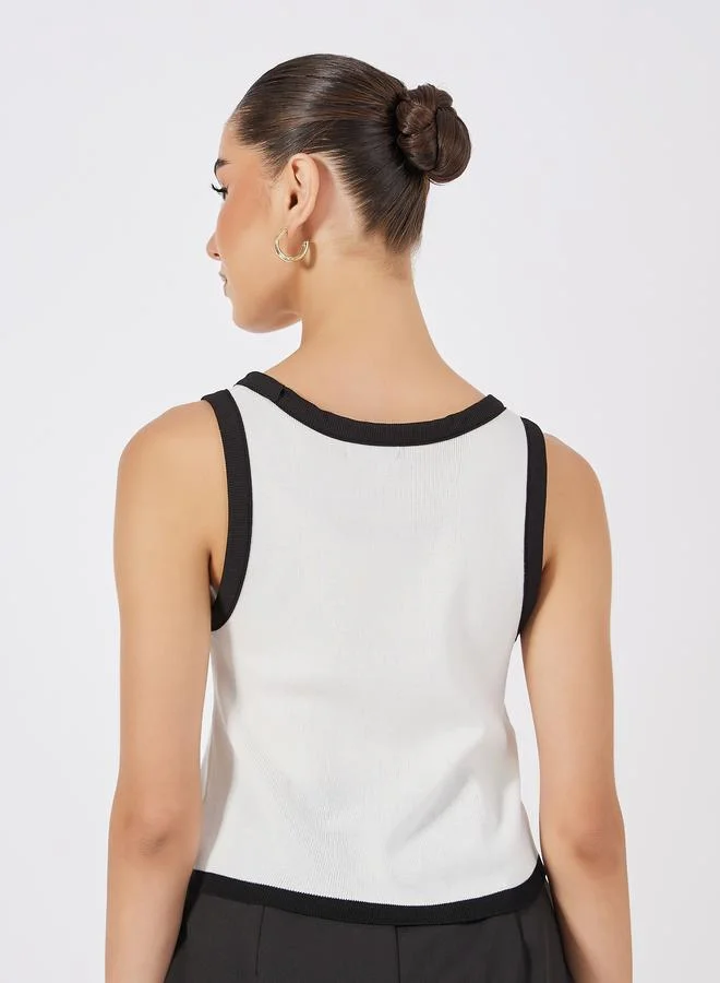 Styli Fitted Knit Embroidered Contrast Binding Tank