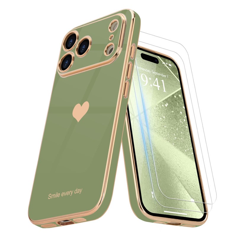 Teageo for iPhone 17 Pro Max Case with Screen Protector [2 Pack] Girl Women Cute Girly Love-Heart Luxury Gold Soft Cover Camera Protection Shockproof Phone Case for iPhone 17 Pro Max, Light Green - Image 1