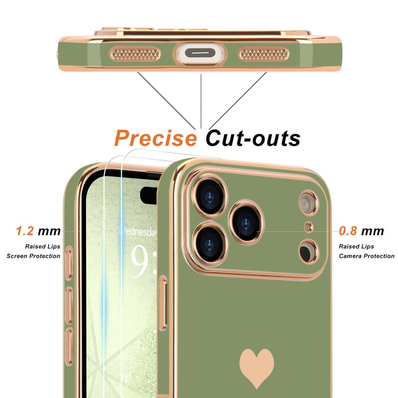 Teageo for iPhone 17 Pro Max Case with Screen Protector [2 Pack] Girl Women Cute Girly Love-Heart Luxury Gold Soft Cover Camera Protection Shockproof Phone Case for iPhone 17 Pro Max, Light Green - Image 2