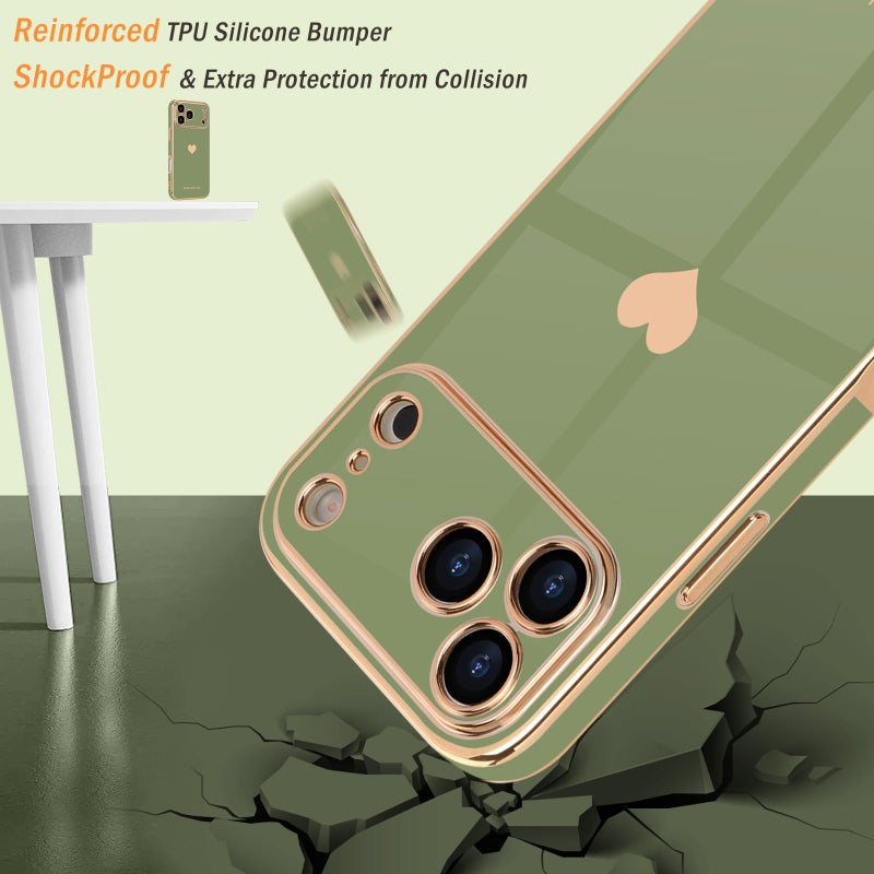 Teageo for iPhone 17 Pro Max Case with Screen Protector [2 Pack] Girl Women Cute Girly Love-Heart Luxury Gold Soft Cover Camera Protection Shockproof Phone Case for iPhone 17 Pro Max, Light Green - Image 4