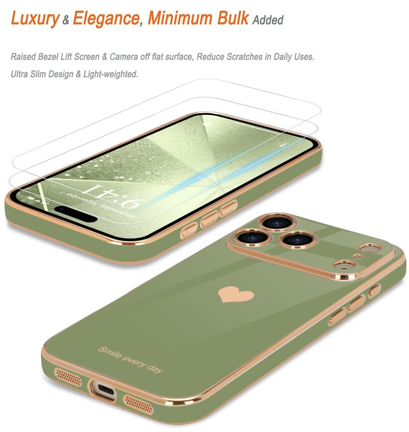 Teageo for iPhone 17 Pro Max Case with Screen Protector [2 Pack] Girl Women Cute Girly Love-Heart Luxury Gold Soft Cover Camera Protection Shockproof Phone Case for iPhone 17 Pro Max, Light Green - Image 3