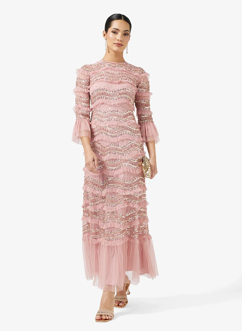 Maya Embellished Ruffle Wave Detail Maxi Dress