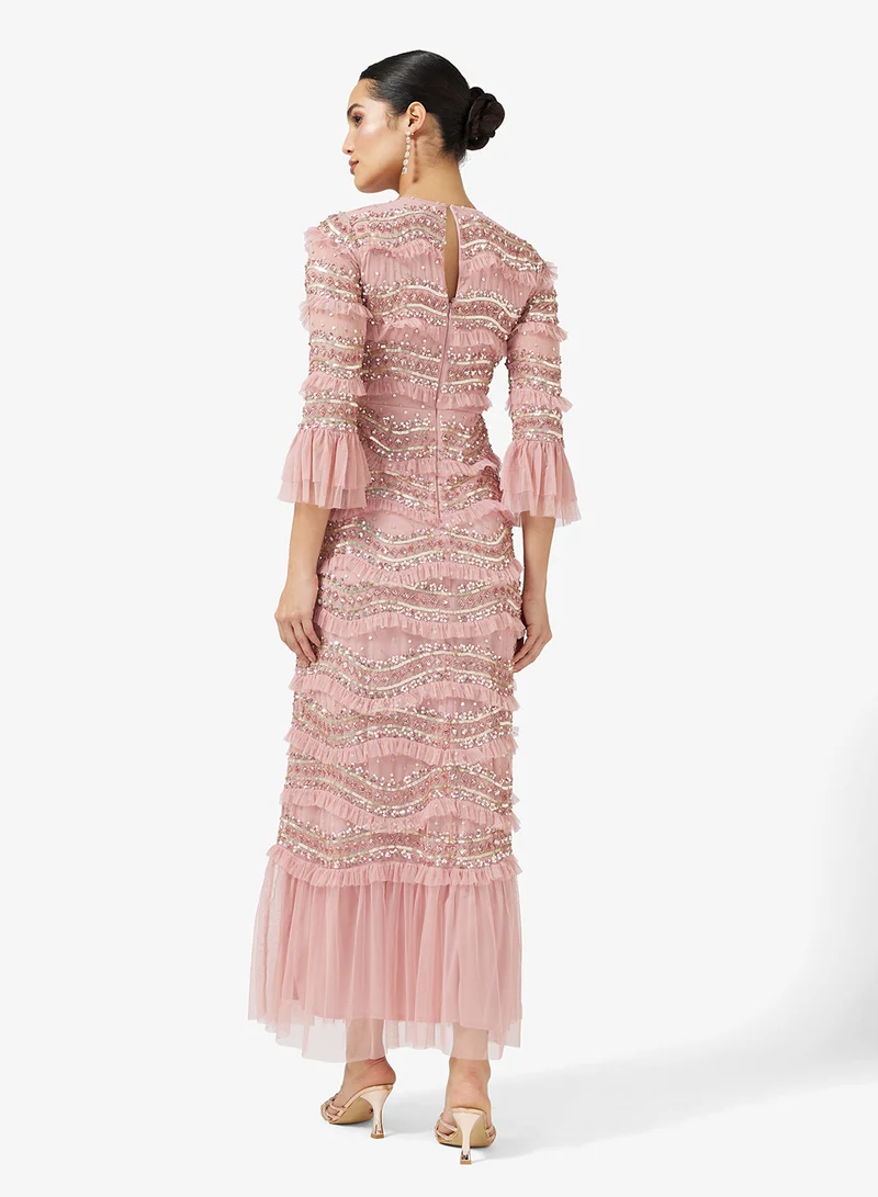 Maya Embellished Ruffle Wave Detail Maxi Dress
