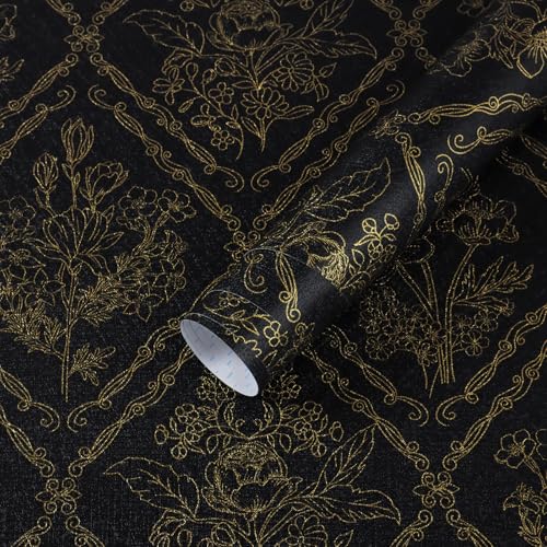 Toduso Peel and Stick Wallpaper Vintage Wall Paper Boho Contact Paper Black and Gold Floral Removable Wallpaper for Bathroom Bedroom Flower Waterproof Self Adhesive Vinyl Drawer Decor 17.3"x393.7" - Image 1