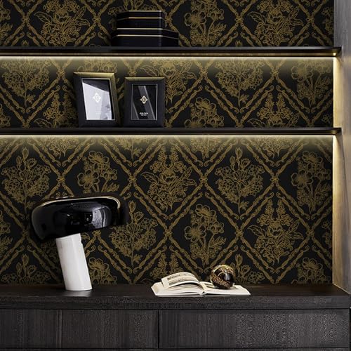 Toduso Peel and Stick Wallpaper Vintage Wall Paper Boho Contact Paper Black and Gold Floral Removable Wallpaper for Bathroom Bedroom Flower Waterproof Self Adhesive Vinyl Drawer Decor 17.3"x393.7" - Image 3