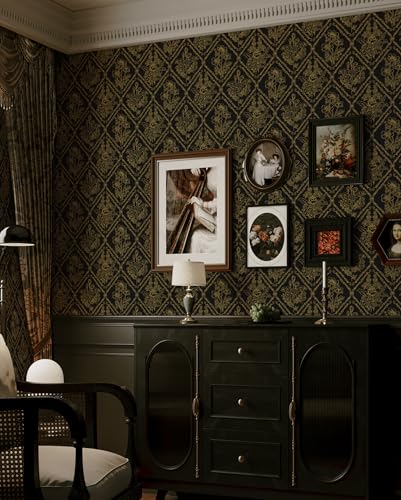 Toduso Peel and Stick Wallpaper Vintage Wall Paper Boho Contact Paper Black and Gold Floral Removable Wallpaper for Bathroom Bedroom Flower Waterproof Self Adhesive Vinyl Drawer Decor 17.3"x393.7" - Image 4