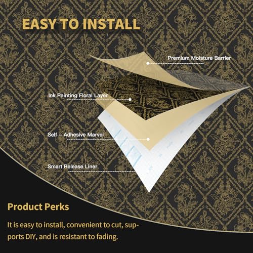 Toduso Peel and Stick Wallpaper Vintage Wall Paper Boho Contact Paper Black and Gold Floral Removable Wallpaper for Bathroom Bedroom Flower Waterproof Self Adhesive Vinyl Drawer Decor 17.3"x393.7" - Image 5