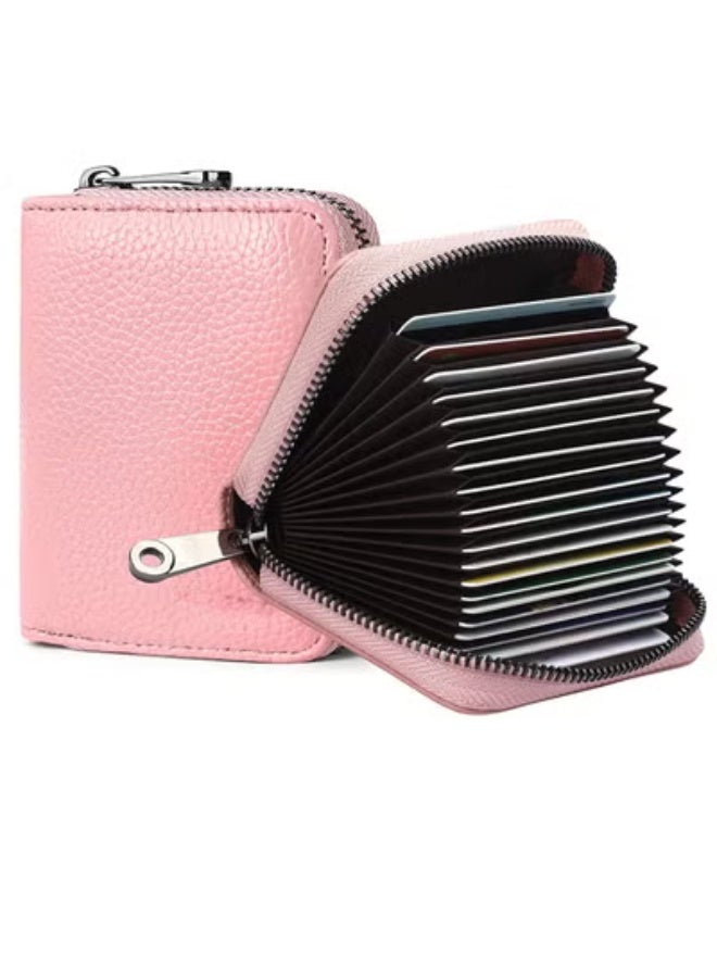 Peachjoy Card Cases, RFID 20 Card Slots Credit Card Holder Genuine Leather Small Card Case for Women or Men Accordion Wallet with Zipper, Pink - Image 1