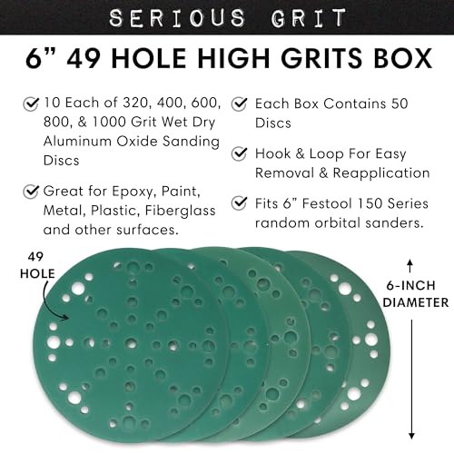 Serious Grit - 6-Inch 49-Hole High Grit Sanding Discs Assortment - 320, 400, 600, 800, 1000 Grit (10 of Each) - Wet Dry Hook & Loop Film Discs - Sandpaper for Random Orbital Sanders - 50 Pack Box - Image 2