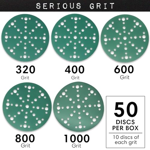 Serious Grit - 6-Inch 49-Hole High Grit Sanding Discs Assortment - 320, 400, 600, 800, 1000 Grit (10 of Each) - Wet Dry Hook & Loop Film Discs - Sandpaper for Random Orbital Sanders - 50 Pack Box - Image 3