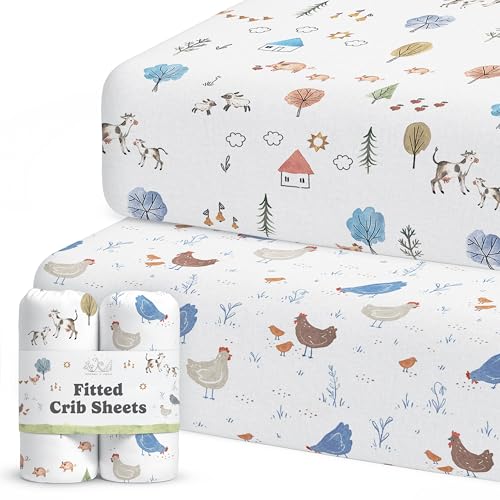 Sorrel + Fern Crib Sheets Neutral - Fitted Baby Crib Sheets Bed for Girl Boy - 2 Pack Standard & Toddler Mattress (Farm Animals) - Buttery Soft Organic Cotton Blend - Image 1