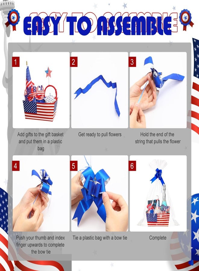 Funnymoom 6 Pack Patriotic Basket for Gifts Empty with Cellophane Bags Pull Bows Flag Paper Basket USA Red Blue White Flag Gift Box for Memorial Day Party Favors, 9.8 x 6.5 Inch - Image 4