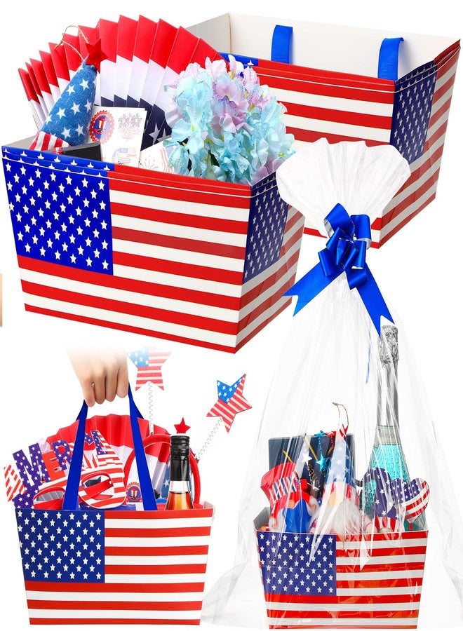 Funnymoom 6 Pack Patriotic Basket for Gifts Empty with Cellophane Bags Pull Bows Flag Paper Basket USA Red Blue White Flag Gift Box for Memorial Day Party Favors, 9.8 x 6.5 Inch - Image 1