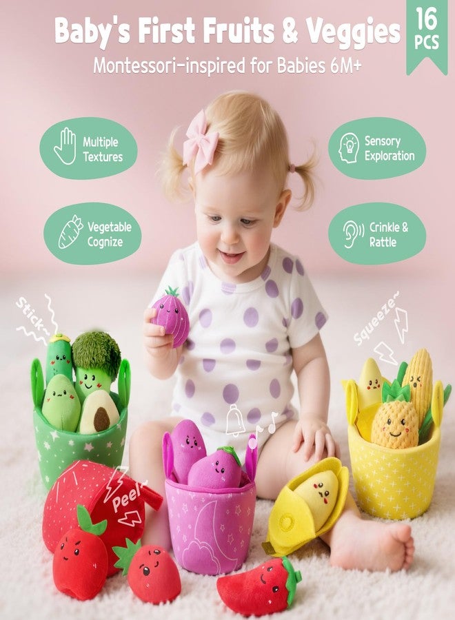 SAIMAND Montessori Baby Sensory Toys – 16 PCS Plush Fruit & Veggie Color Sorting Play Food with Crinkle & Rattle, Baby Toys 6-12 Months, Learning Toys for 1 Year Old Boys Girls Gifts - Image 2