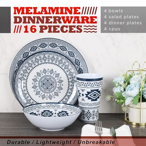 DAPOTO Melamine Dinnerware Set for 4-16 Pcs:Camping Dishes Set with Dinner Plates,Salad Plates, Bowls and Cups.Lightweight and Unbreakable.Indoor and Outdoor Use. - Image 2