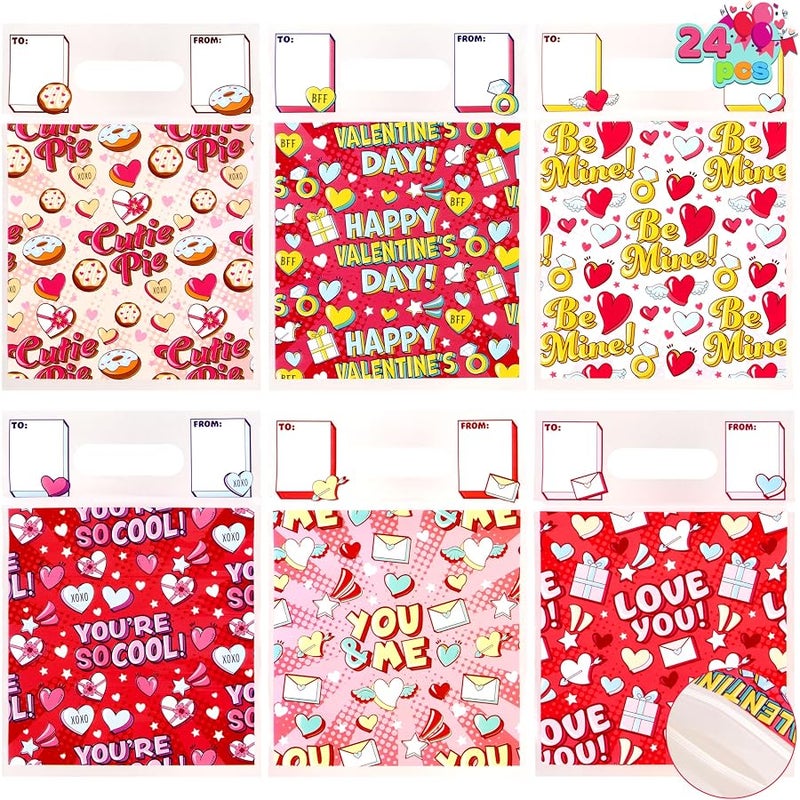 JOYIN 24PCS Valentine’s Day Sealing Gift Bags with Handles for Kids Party Favors, Classroom Exchange Prizes, Valentine’s Goodie Bags - Image 1