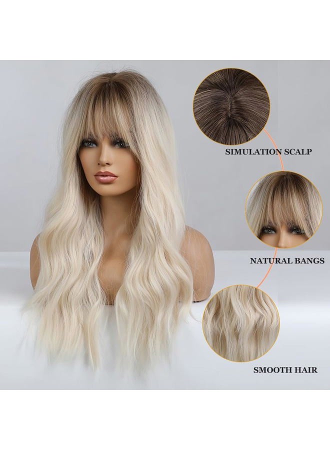 Esmee باروكة شقراء بطول 26 بوصة مع غرة شعر صناعي طبيعي بألوان أومبري شقراء ومجعدة مع جذور داكنة للنساء للاستخدام اليومي وحفلات الكوسبلاي - Image 3