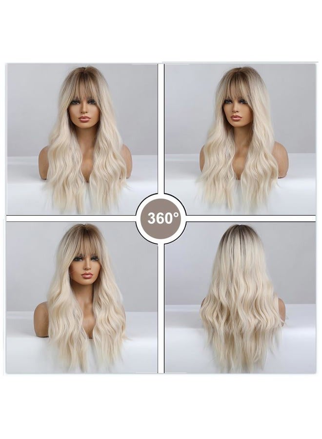 Esmee باروكة شقراء بطول 26 بوصة مع غرة شعر صناعي طبيعي بألوان أومبري شقراء ومجعدة مع جذور داكنة للنساء للاستخدام اليومي وحفلات الكوسبلاي - Image 5