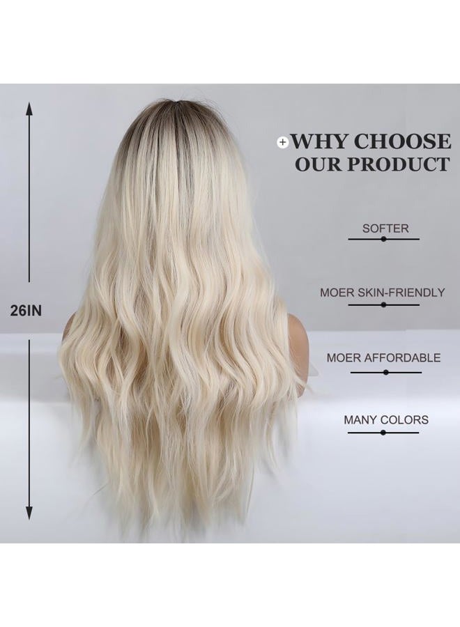 Esmee باروكة شقراء بطول 26 بوصة مع غرة شعر صناعي طبيعي بألوان أومبري شقراء ومجعدة مع جذور داكنة للنساء للاستخدام اليومي وحفلات الكوسبلاي - Image 4