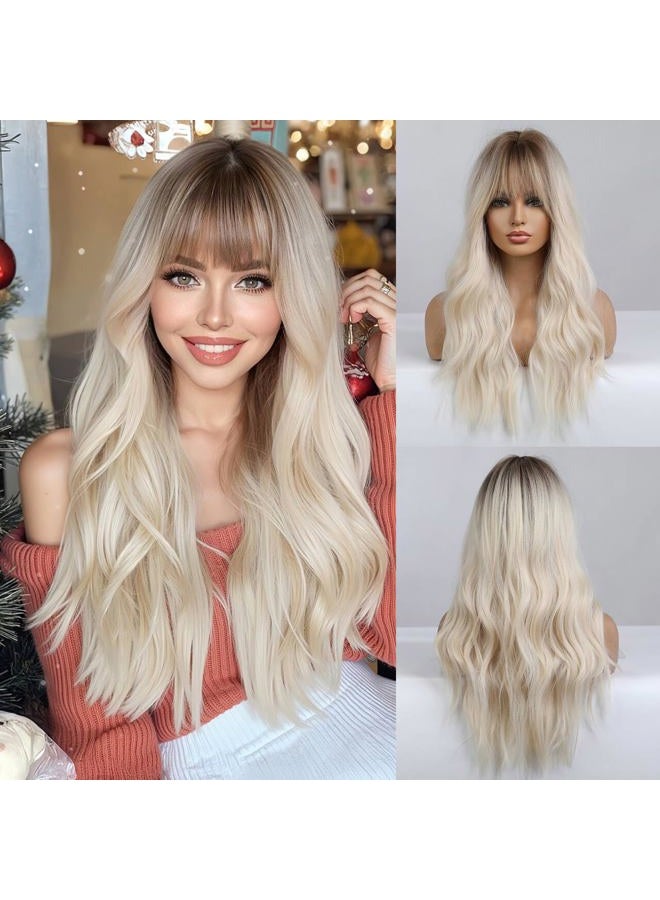 Esmee باروكة شقراء بطول 26 بوصة مع غرة شعر صناعي طبيعي بألوان أومبري شقراء ومجعدة مع جذور داكنة للنساء للاستخدام اليومي وحفلات الكوسبلاي - Image 1