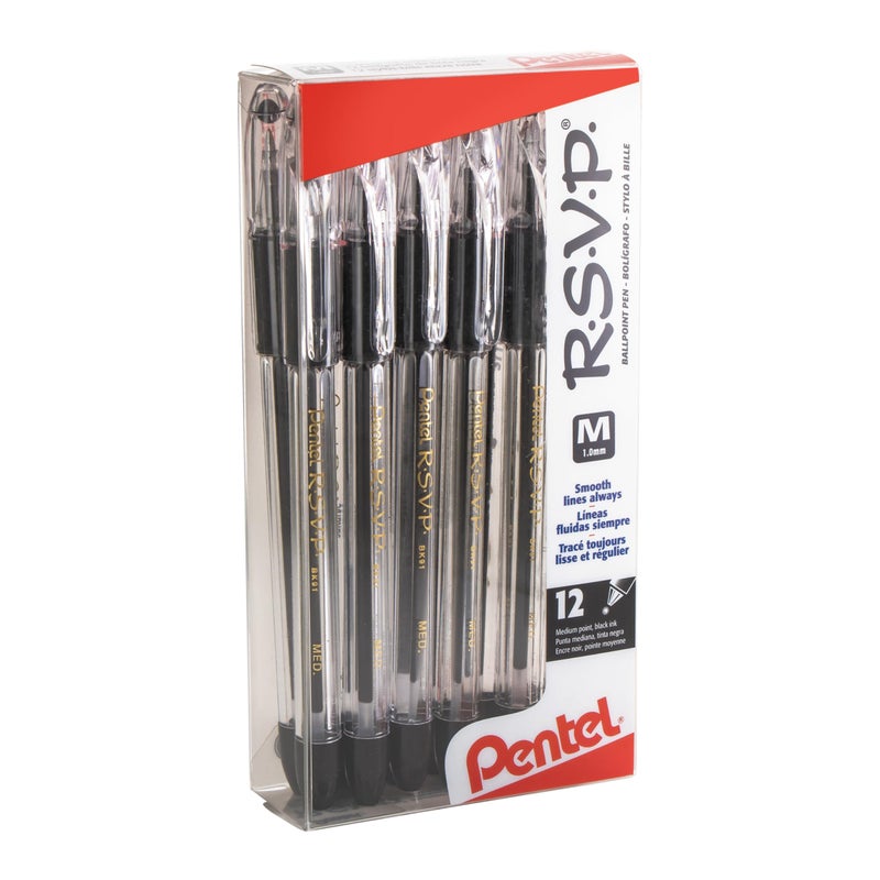 Pentel RSVP Ballpoint Pen, (1.0mm), Medium Line, Black Ink, 12 Pack (BK91PC12A) - Image 1
